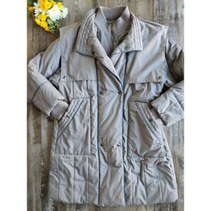 Vintage Mulberry Street Womens Large Blue Trim Long Puffer Coat Quilted Jacket